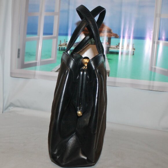 Vintage Greta Italy Leather Suede Diamond Pattern Onyx Kiss Lock Handbag Purse - Picture 8 of 11